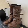 Estilo Wasteland Botas Femininas Pretas Retrô Franzidas Slouch Botas Martin Super Cool Fivela de Cinto Meia Panturrilha Botas Calça Tendência