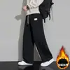 Pantalones casuales de pierna recta ancha para hombre de talla grande, nuevos de otoño e invierno, de cintura alta, fluidos, holgados, adelgazantes, pantalones deportivos de pierna recta forrados de polar para mujer