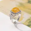 Anillo de Ámbar de Plata de Ley S925 Yilu Estilo Étnico Cuadrado Geométrico Vintage Desgastado Anillo Abierto Versátil