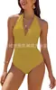 Aliexpress Amazon Popular Transfronterizo Europeo y Americano Multicolor Cuello en V Cubre Piel Espalda Fruncida Aspecto Adelgazante Traje de Baño de Una Pieza para Mujer
