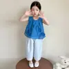 Conjunto de Verano para Niña 2026 Nuevo Verano Infantil Azul Klein Lazo Pantalones Rayados para Bebé Conjunto de Dos Piezas