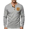 Camiseta de Hombre Amazon Transfronteriza Europea y Americana de Pana Retro Manga Larga con Bolsillos en Contraste Camisa Henley Casual
