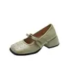 Zapatos Mary Jane poco profundos de camelia estilo francés para mujer, nuevo modelo 2026, inspirados en Chanel, con lazo y remaches, punta cuadrada, tacón grueso