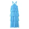 Vestido de Verão 2025 Novo Europeu e Americano Transfronteiriço Aliexpress com Gola Halter Sexy em Camadas de Chiffon Estilo Bolo para Mulheres