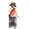 Conjunto de Camiseta de Manga Longa com Estampa de Coração Outono Estilo Coreano para Meninos Crianças Pequenas e Médias Jeans Rasgado Retrô Roupas Infantis Bonitas