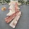 Conjunto de camisa com gola V estampada estilo retrô, mangas bufantes, soltinha, casual e maduro, com calça pantalona para mulheres, conjunto de duas peças estilo outono