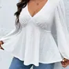 Camiseta de Manga Larga con Jacquard Hueco y Cuello en V con Volantes para Mujer Talla Grande
