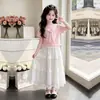 Moda Infantil Grande Estilo Coreano Barra de Renda Saia Longa Cores de Verão Bloco de Cores Listrado Xale Manga Curta Casual Conjunto de Duas Peças