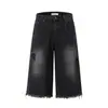 A109 Rua Principal Americana Tendência Unissex Alta Qualidade Preto Lavado Design Desconstruído Shorts Jeans Masculino Soltos de Três Quartos