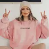Moletom Feminino com Gola Redonda e Forro de Fleece com Estampa de Slogan em Cor Sólida para Primavera e Outono, Blusa Esportiva Casual de Manga Longa para Site de Comércio Exterior Independente