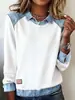 Estación Independiente de Ropa Europea y Americana 2025 Amazon Ins Cuello de Mezclilla Manga Larga Suéter Prendas de Punto Patchwork Top