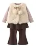 Conjunto de Tres Piezas de Invierno Elegante para Niña Pequeña, Conjunto de Niña con Chaleco de Felpa de Conejito, Ropa Interior, Pantalones de Campana, Conjunto para Niñas