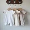 Ropa Coreana para Niñas, Cuello de Encaje, Patrón de Gofre, Mangas con Volantes, Mameluco de Bebé, Mono de Estilo Veraniego para Bebés