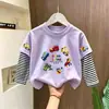 Camiseta infantil de algodão puro de manga longa, top casual para primavera e outono para meninos, camiseta simples e de corte solto para crianças mais velhas