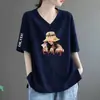 Camiseta de Manga Corta con Cuello en V para Mujer de Comercio Exterior Transfronterizo, Sencilla Talla Grande Nuevo Estilo Chino Top Holgado de Gama Alta