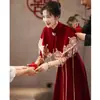 Vestido de Novia Estilo Chino Cheongsam Rojo Vino Boda Hogar Vestido de Noche para Mujer Largo Manga Larga Adelgazante
