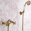 Traje de ducha retro simple estilo europeo de cobre antiguo, grifo de agua caliente y fría, boquilla de mano triple montada en la pared de la bañera