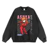 Sudadera unisex estilo anime japonés para otoño e invierno, con estampado de personaje vibrante, efecto desgastado lavado, hombros caídos, corte oversized, moda urbana