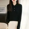 Suéter Fino de Lã 100% Pura Fio do Rio Yangtzé para Mulheres, Gola Polo Vintage de Costela Larga Slim Fit, Camada Base Fina