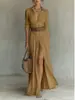 Vestido de verano para mujer estilo europeo y americano, cuello en V, abertura larga, color liso, adelgazante, estilo vacacional, vestido tipo camisa con diseño de cinturón, 2026