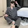 Pijama de Seda Helada para Hombre 2025 Primavera y Otoño Delgado Manga Larga Traje Cardigan Pantalones Ropa de Casa de Seda Verano Estilo Coreano