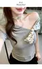 8504 # Estilo Novo de Verão Estilo Desejo Puro Manga Única Patchwork de Bolinhas Camiseta Curta Slim Fit com Bojo Fixo Top Versátil