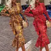 FC775 en stock otoño e invierno 2022 Moda europea y americana para mujer Vestido de cola de pez estampado de manga larga de longitud media Ropa para mujer