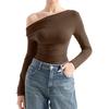 Camiseta Base de Manga Larga Ajustada para Mujer con Escote Inclinado, Camiseta de Seda de Leche para Mujer, Estilo Sexy con Hombros Descubiertos