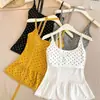 6309 # Top tipo camisola retro de lunares y encaje con cuello halter para chica atractiva, espalda hermosa, almohadillas en el pecho, cuello en U, ajustado a la cintura, estilo cola de pez
