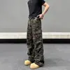 Calças jeans camufladas estilo americano, lavadas e com efeito desgastado, para homens e mulheres, perna reta, plissadas, múltiplos bolsos, casuais, largas, perna larga, compridas até o chão