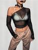 Top Camiseta Feminino de Malha Transparente Sexy com Ombro à Mostra e Mangas Longas Plissadas, Estilo Streetwear Europeu e Americano, Irmã Real Picante