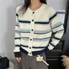 Cardigã de malha listrado color-block na cor Melard para mulheres, adequado para outono e inverno, para ser usado sobre uma saia, top estilo coreano petite