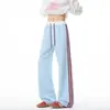 Calça de Moletom Casual Color Block com Cós de Três Listras, Unissex, Corte Reto Solto, Caimento Fluido, Cordão