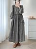 Vestido longo de primavera com bordado xadrez japonês, gola redonda, cintura com renda, estilo pullover solto, saia longa, atacado