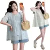 Nova Camisa de Maternidade Bordada de Manga Curta para o Verão de 2026, Blusa de Maternidade Estilosa e que Cobre a Barriga