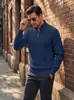 Suéter de malha masculino listrado com textura waffle para primavera e outono, de manga comprida, com meio zíper e gola alta, estilo sweatshirt americano