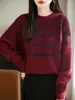 Ropa de punto roja de cuello redondo estilo Fair Isle retro transfronteriza para mujer, holgada, gruesa, cálida, capa base roja de Año Nuevo