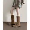 2026 Início do Outono Novas Botas de Cavaleiro de Cano Reto Não Acima do Joelho Bico Redondo Meio da Panturrilha Botas Franzidas Botas Altas Botas de Cowboy Western