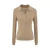 Elegante Suéter de Tricô com Gola Polo e Decote V Vazado de Manga Longa para Mulheres, Estilo Commuter, Slim Fit e que Valoriza a Figura, Top Básico para Outono