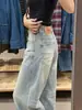 Jeans vintage azul lavado de cintura alta e perna larga para mulheres, novo estilo outono, tamanhos grandes, corte solto, emagrecedor, bainha curva, calça comprida