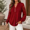 Moda femenina europea y americana transfronteriza nueva otoño 2026 versátil color liso cuello en V encaje manga larga camisa