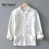 Camisa Masculina Casual de Manga Longa com Gola Nacional de Algodão e Linho Estilo Chinês Vintage Fivela plus size Ramie Solta Camisa de Linho