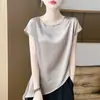 Nuevo estilo de verano top camiseta texturizado en tono dorado, corte holgado, cuello redondo, cintura ceñida, color liso, versátil de satén con manga corta para mujer
