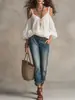 Blusa Lisa de Cor Sólida Soltinha Estilo Novo Europeu e Americano para Mulheres, Top Casual com Alça de Ombro Caída e Mangas Bufantes, Estilo de Férias