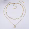 Collar Doble Capa con Colgante de Luna de Diamante Completo y Estrella de Ocho Puntas con Patrón de Ondas de Agua Cadena para Clavícula Versátil Elegante Joyería