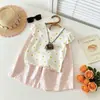 Conjunto Novo de Verão para Meninas Estilo Coreano Camiseta com Babados e Mangas Bufantes Estampada de Bebê Calças de Perna Larga Roupa Infantil de Duas Peças