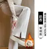 Pantalones grises de espiga para mujer, nuevo estilo invierno 2026, forro polar, corte ajustado, pierna recta, pantalones casuales de mezcla de lana de pierna ancha para figuras petite