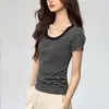 Camiseta Listrada de Algodão Puro de Alta Qualidade Feminina Verão Nova Gola Redonda Color Block Slim Fit Valorizadora Manga Curta Camiseta Básica
