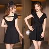 Roupa de Boate Sexy Elegante Decote Baixo 2025 Novo Verão Âncora Transmissão ao Vivo Look Emagrecedor Vestido Preto para Cobrir a Barriga Roupas Femininas