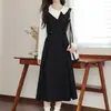 Elegante vestido de primavera y otoño con bloques de color de estilo transfronterizo para mujer, con un toque de lujo ligero y alta gama, falso dos piezas, vestido largo de línea A que ciñe la cintura